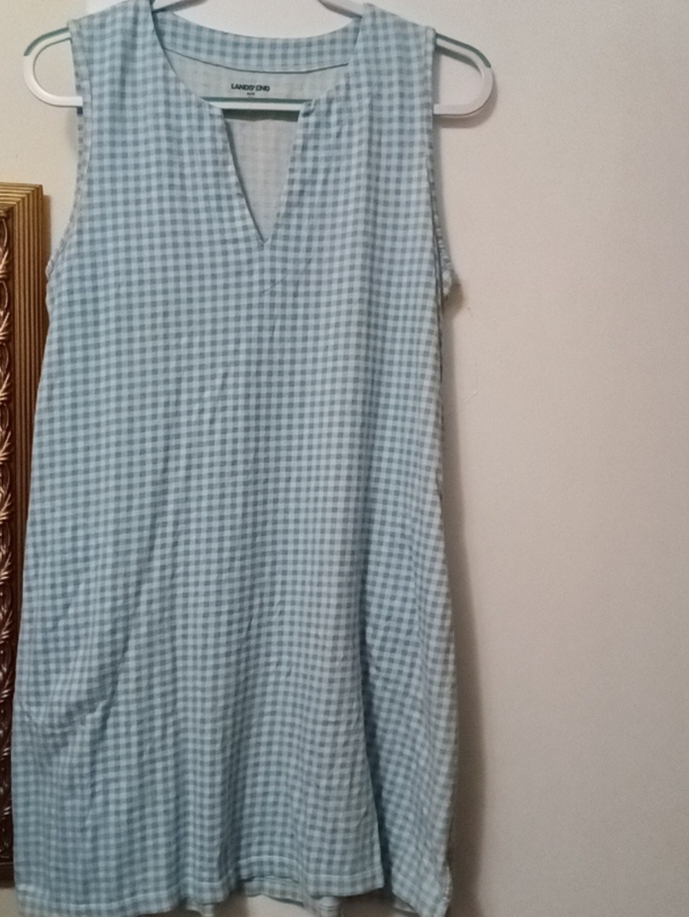 Women's LAND'S END Light Blue Gingham Sleeveless V-Neck Dress